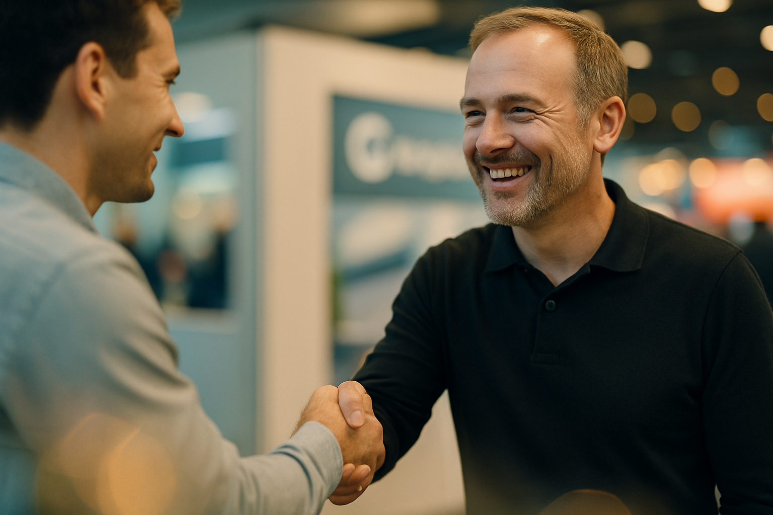 A close-up shot of two trade show attendees shaking hands, smiling warmly as they connect in front of a softly blurred booth background with glowing lights.