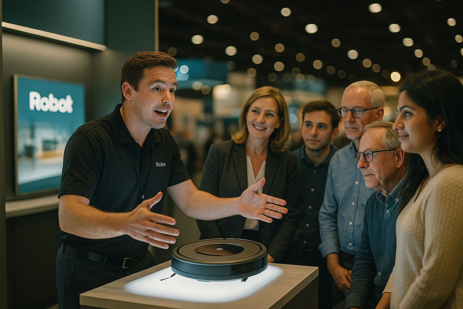 A booth staff member passionately demonstrates a sleek robot vacuum on a glowing stand to a small group of engaged attendees, all focused and smiling inside a modern, well-lit trade show booth.