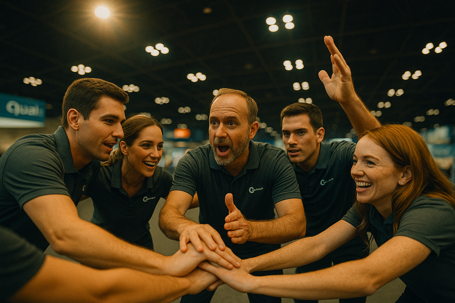 A cinematic wide-angle photo of a trade show booth team huddled together before opening, their leader motivating them with intensity while teammates smile and lean in, captured under bright expo lights.